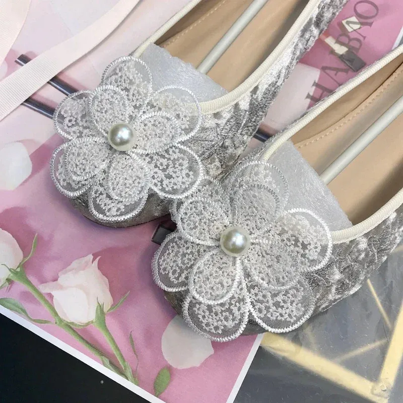 Sohiwoo Lace Flower Ankle Strap Ballet Shoes Flock Embroidery Lace Up Ballet Shoes Women Round Toe Women Flats Elegant Valentine Shoes