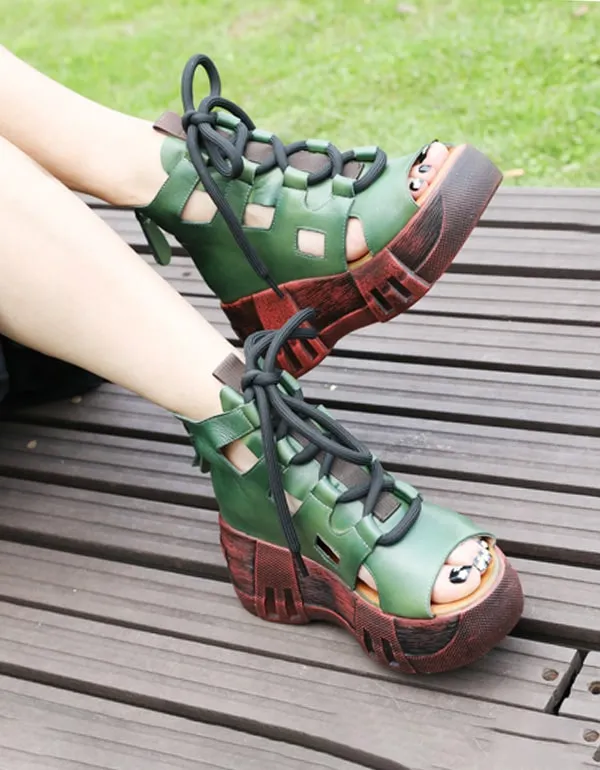 Summer Lace-up Cut-out Retro Platform Sandals