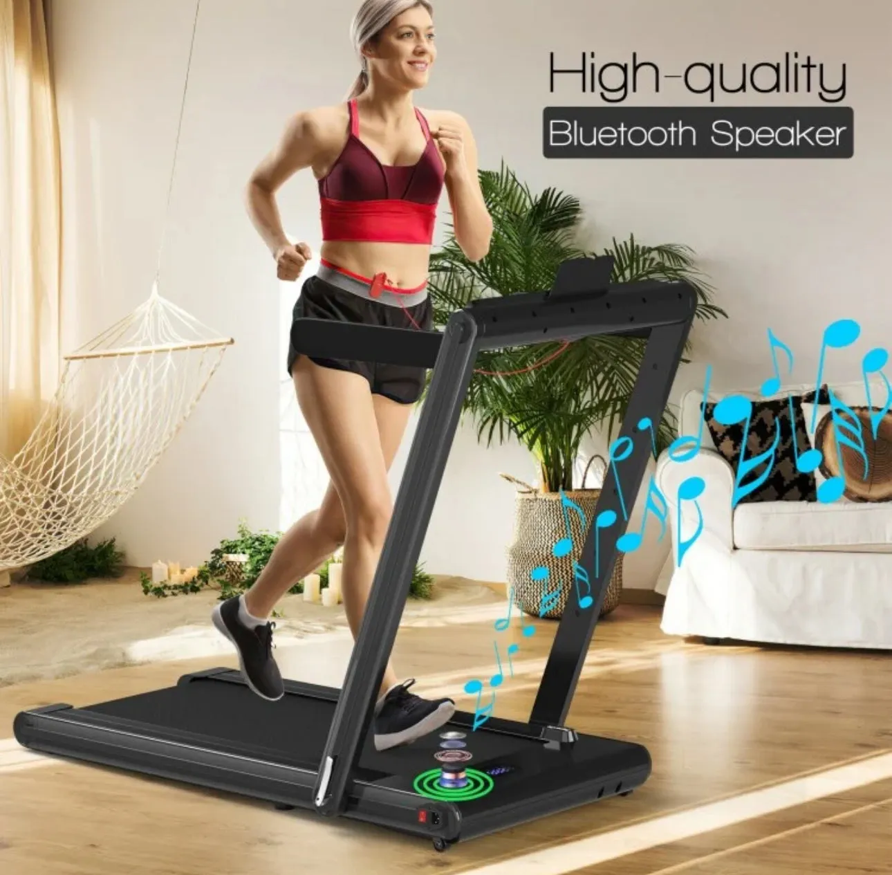 Super Duty Quiet Modern 2-in-1 Foldable Walking Pad Treadmill With Dual Touch LED Display | Safety Key | Speaker | Phone Holder | App Control | Easy Assembly, Carry, Storage