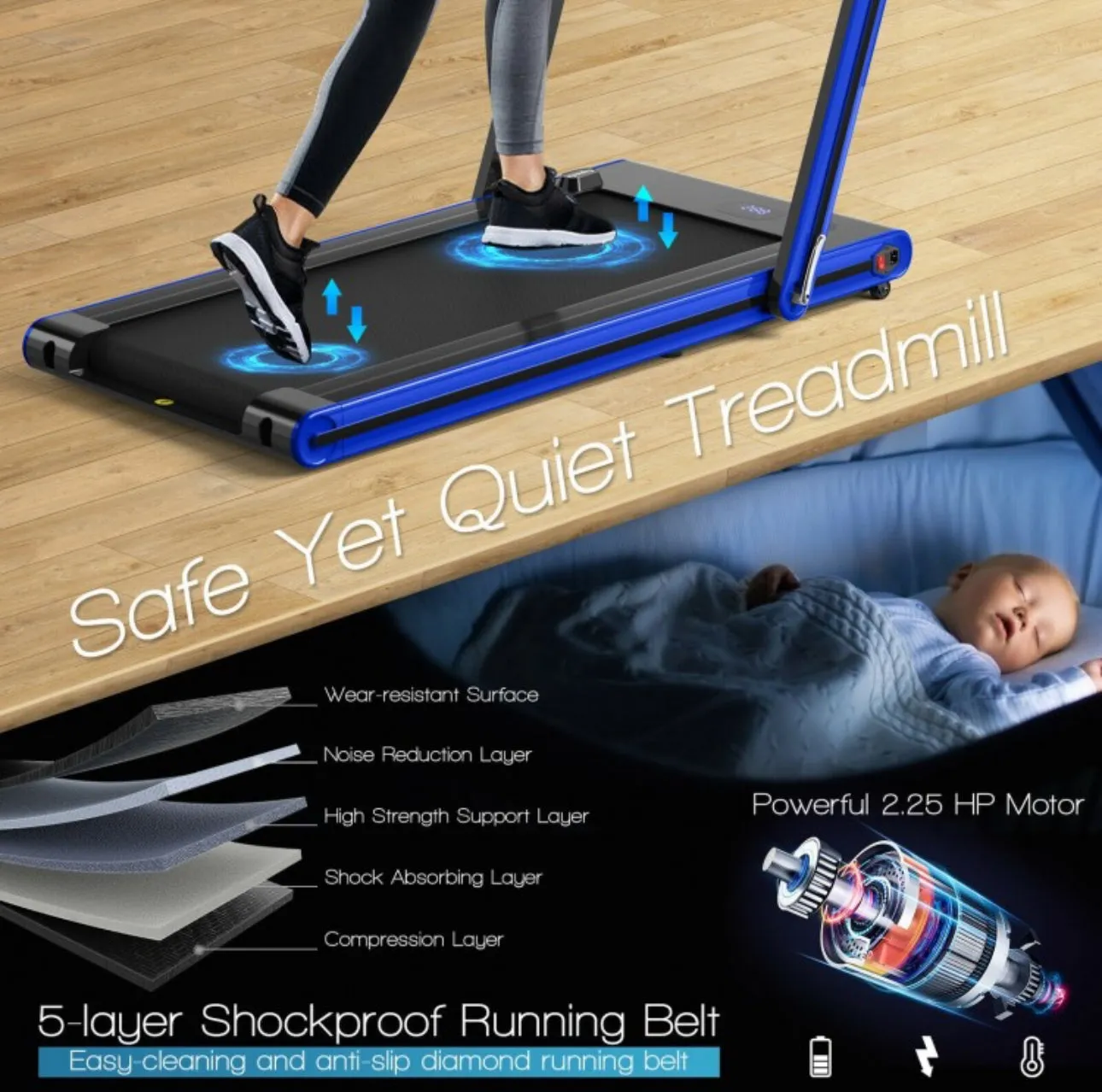 Super Duty Quiet Modern 2-in-1 Foldable Walking Pad Treadmill With Dual Touch LED Display | Safety Key | Speaker | Phone Holder | App Control | Easy Assembly, Carry, Storage