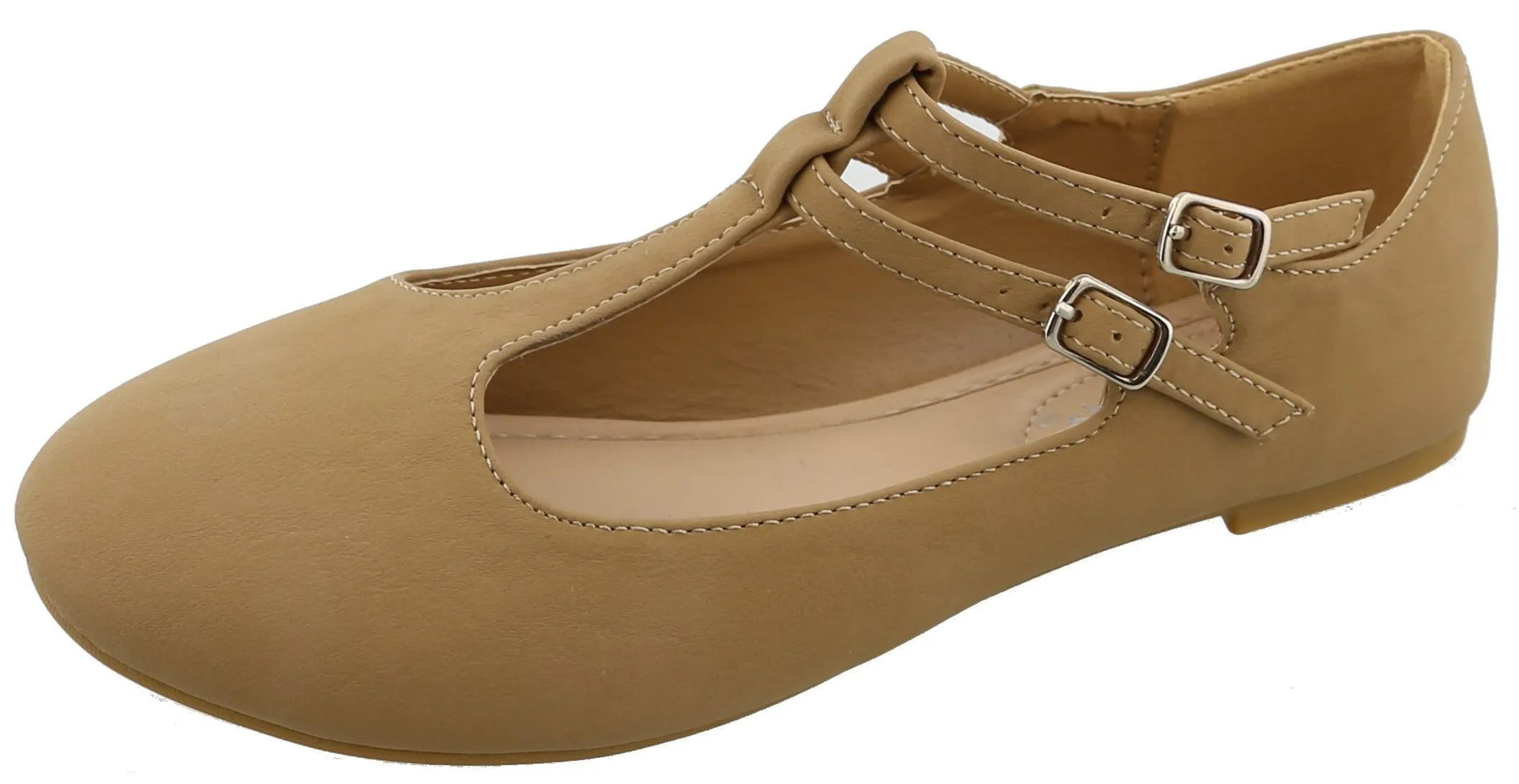 Top Moda Women's Closed Round Toe Mary Jane Buckle Double T-Strap Ballet Flat