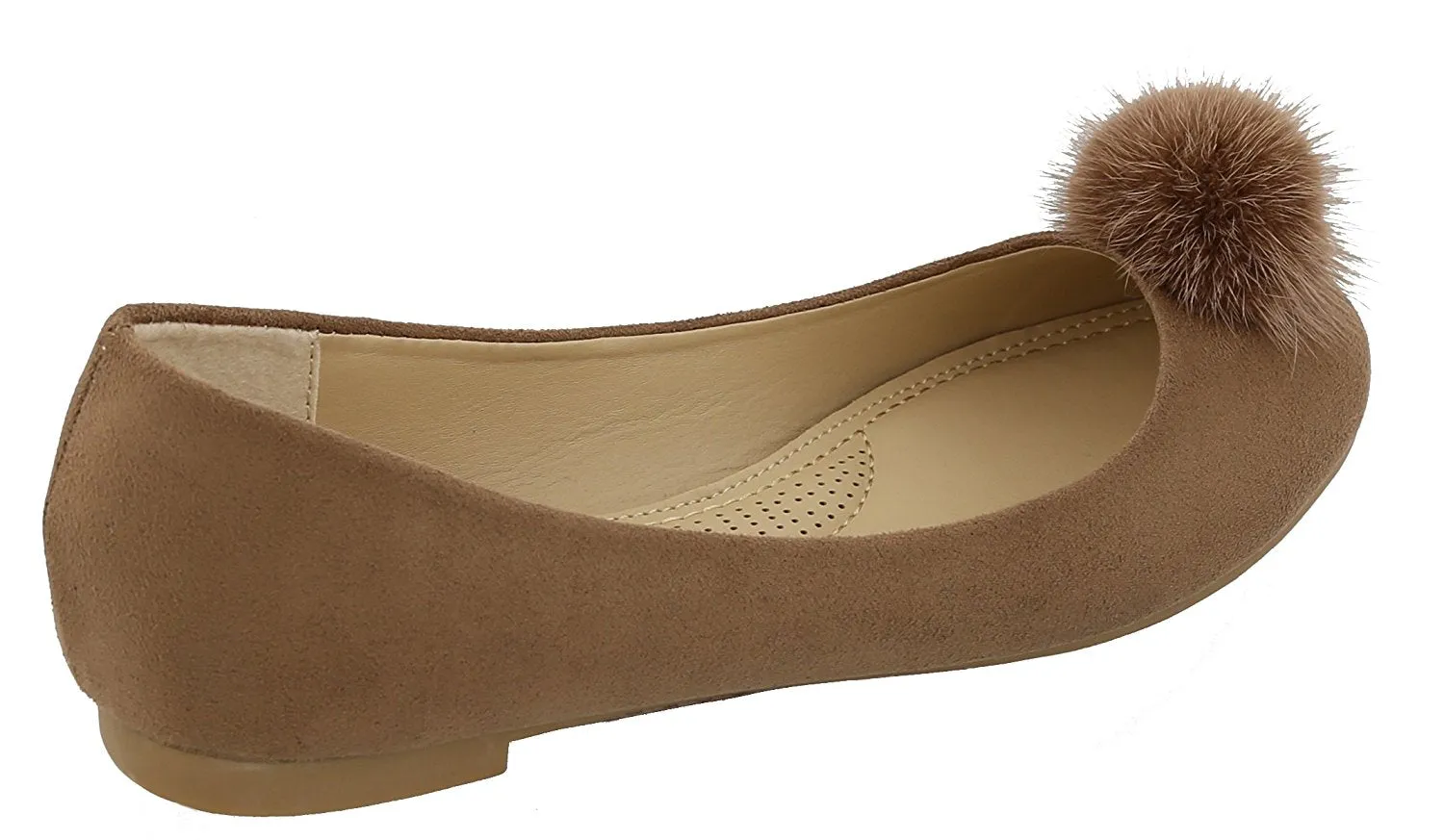 Top Moda Women's Mink Fur Pom Pom Closed Toe Ballet Flat