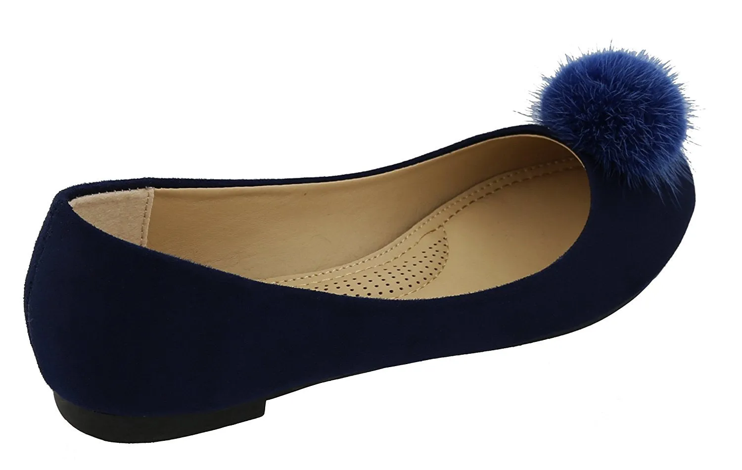 Top Moda Women's Mink Fur Pom Pom Closed Toe Ballet Flat