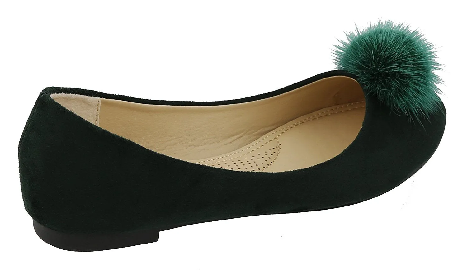 Top Moda Women's Mink Fur Pom Pom Closed Toe Ballet Flat