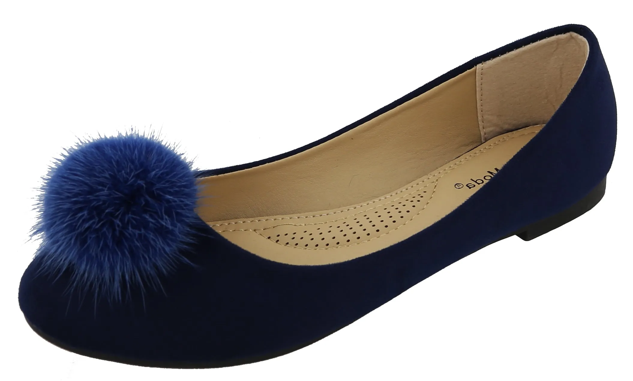 Top Moda Women's Mink Fur Pom Pom Closed Toe Ballet Flat