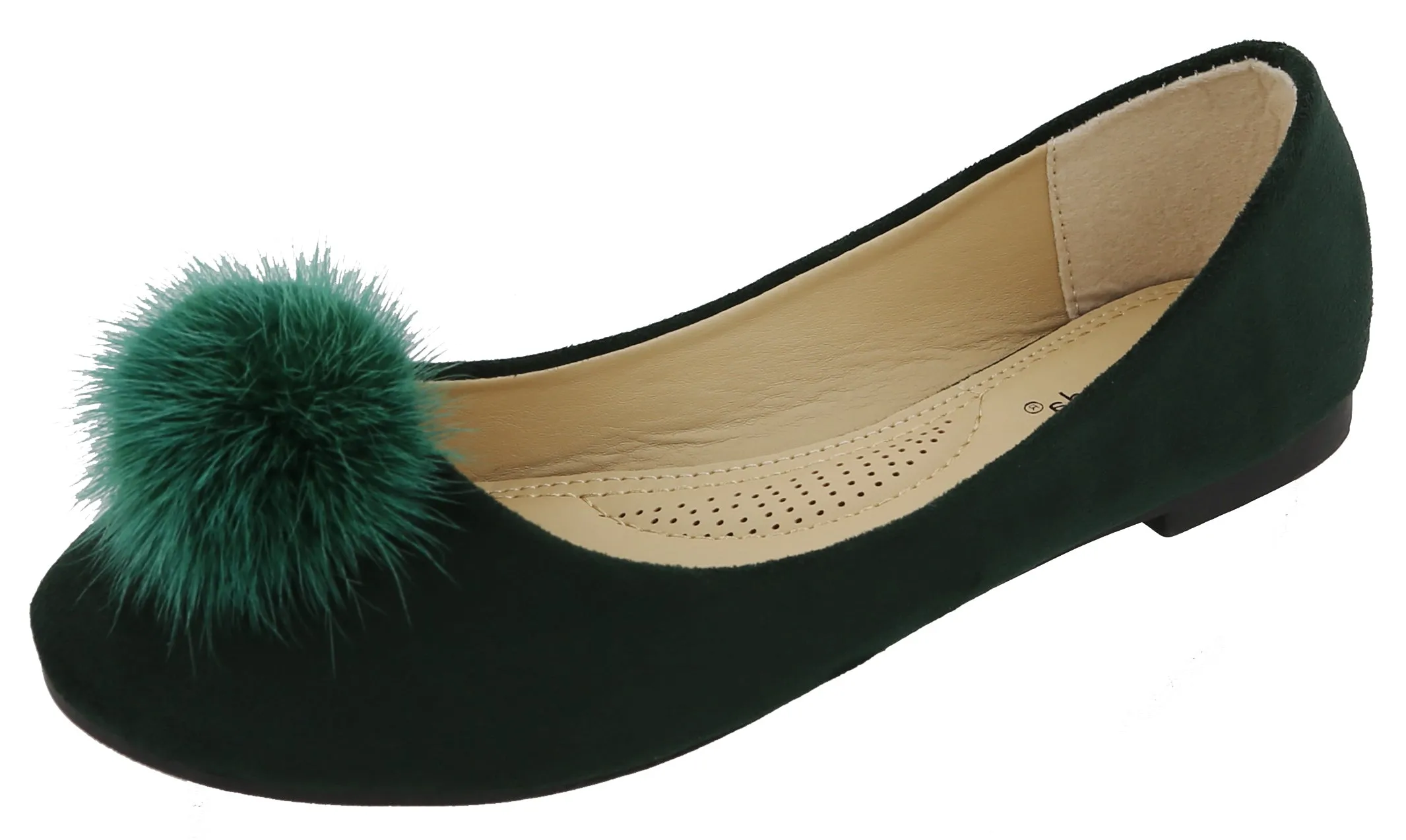 Top Moda Women's Mink Fur Pom Pom Closed Toe Ballet Flat