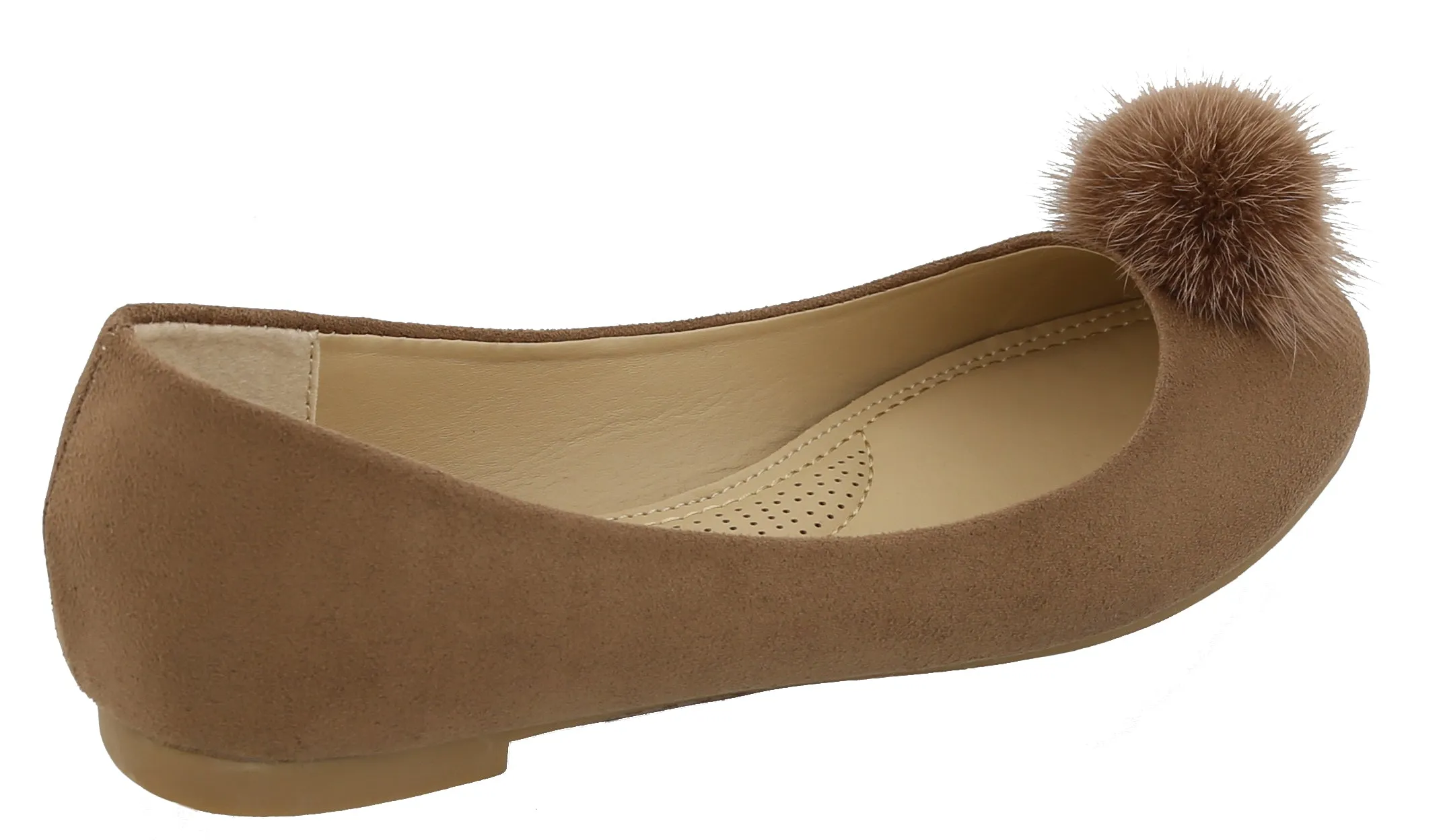 Top Moda Women's Mink Fur Pom Pom Closed Toe Ballet Flat