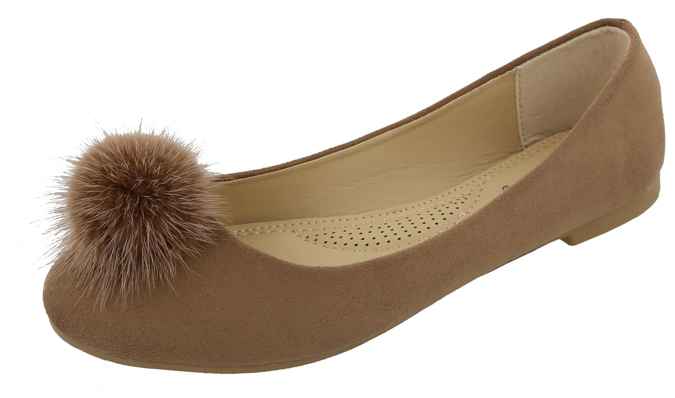 Top Moda Women's Mink Fur Pom Pom Closed Toe Ballet Flat