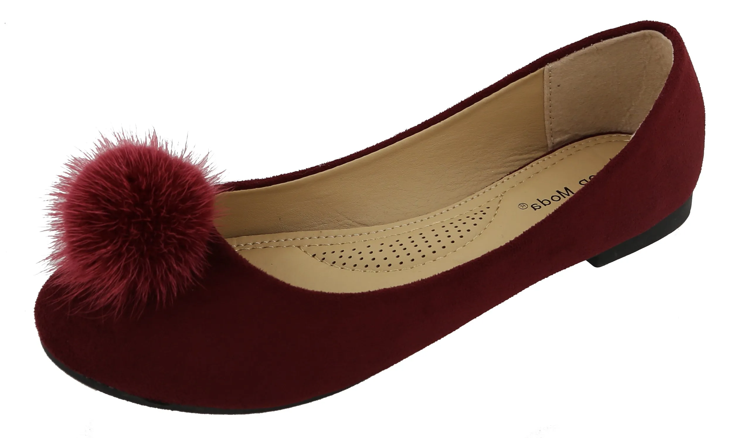 Top Moda Women's Mink Fur Pom Pom Closed Toe Ballet Flat