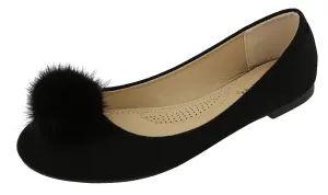 Top Moda Women's Mink Fur Pom Pom Closed Toe Ballet Flat