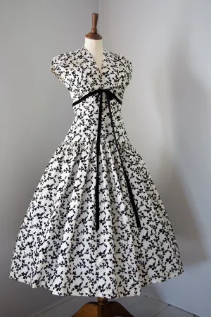 Vintage 1950s Monochrome Flocked Taffeta Cocktail Dress