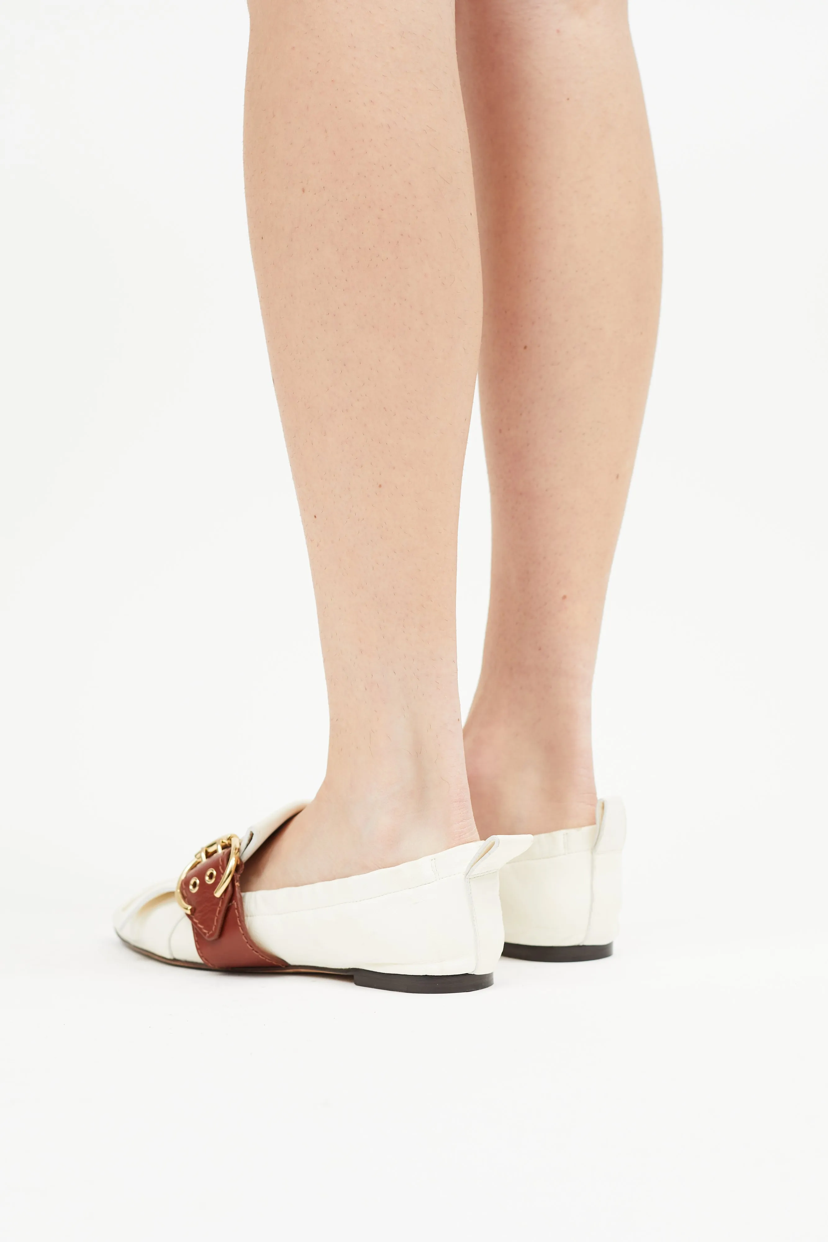 White & Brown Leather Buckle Ballet Flat