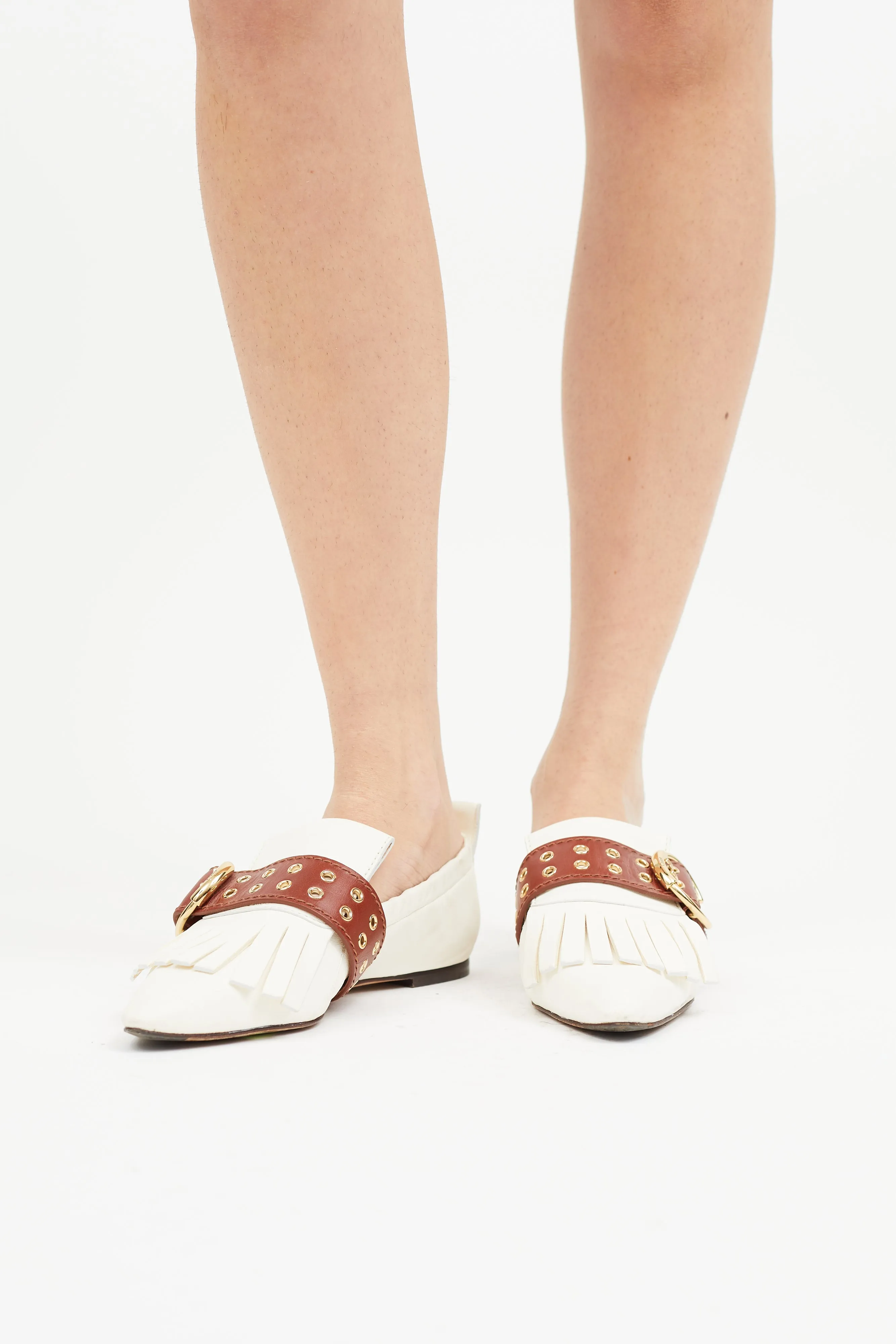 White & Brown Leather Buckle Ballet Flat