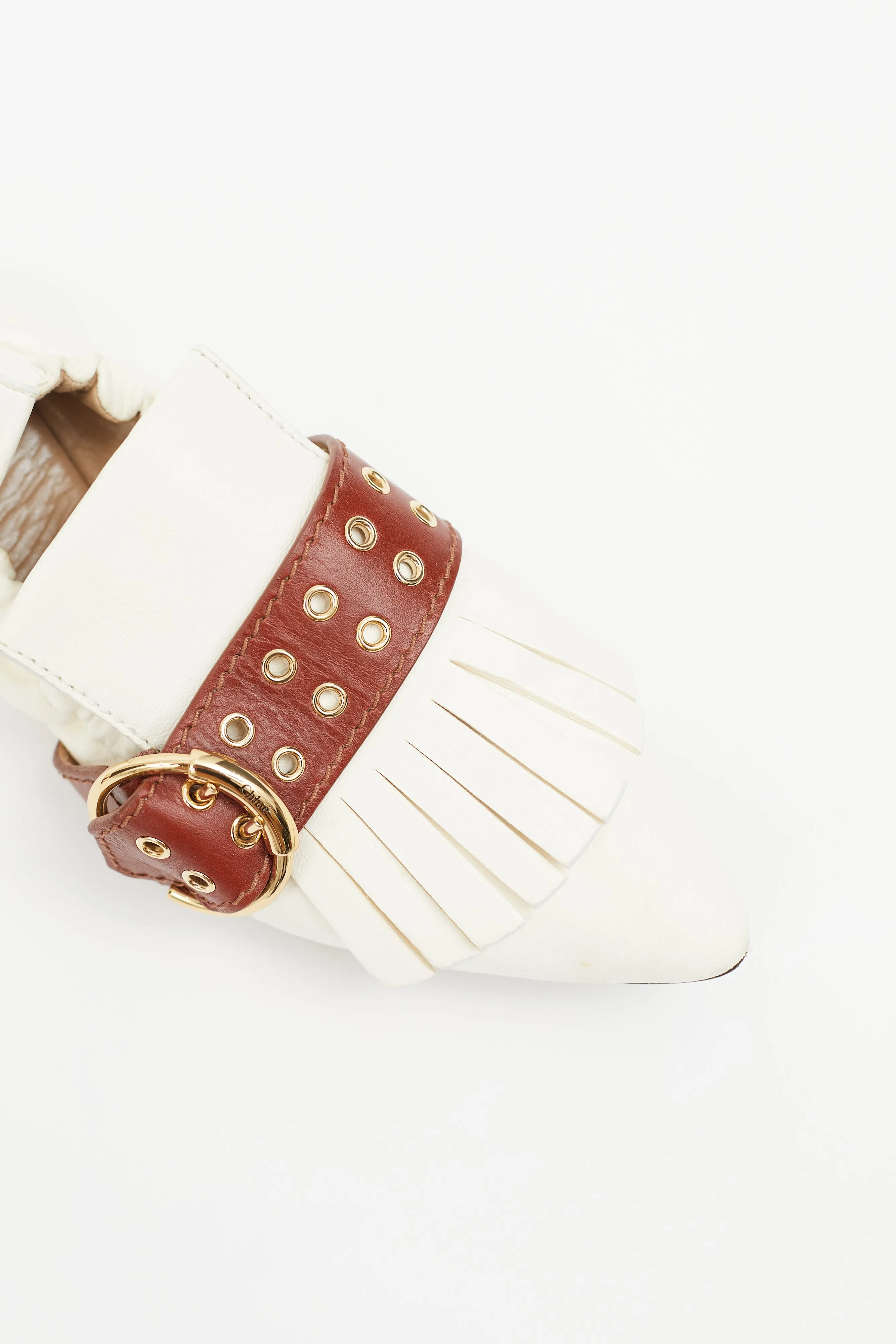 White & Brown Leather Buckle Ballet Flat