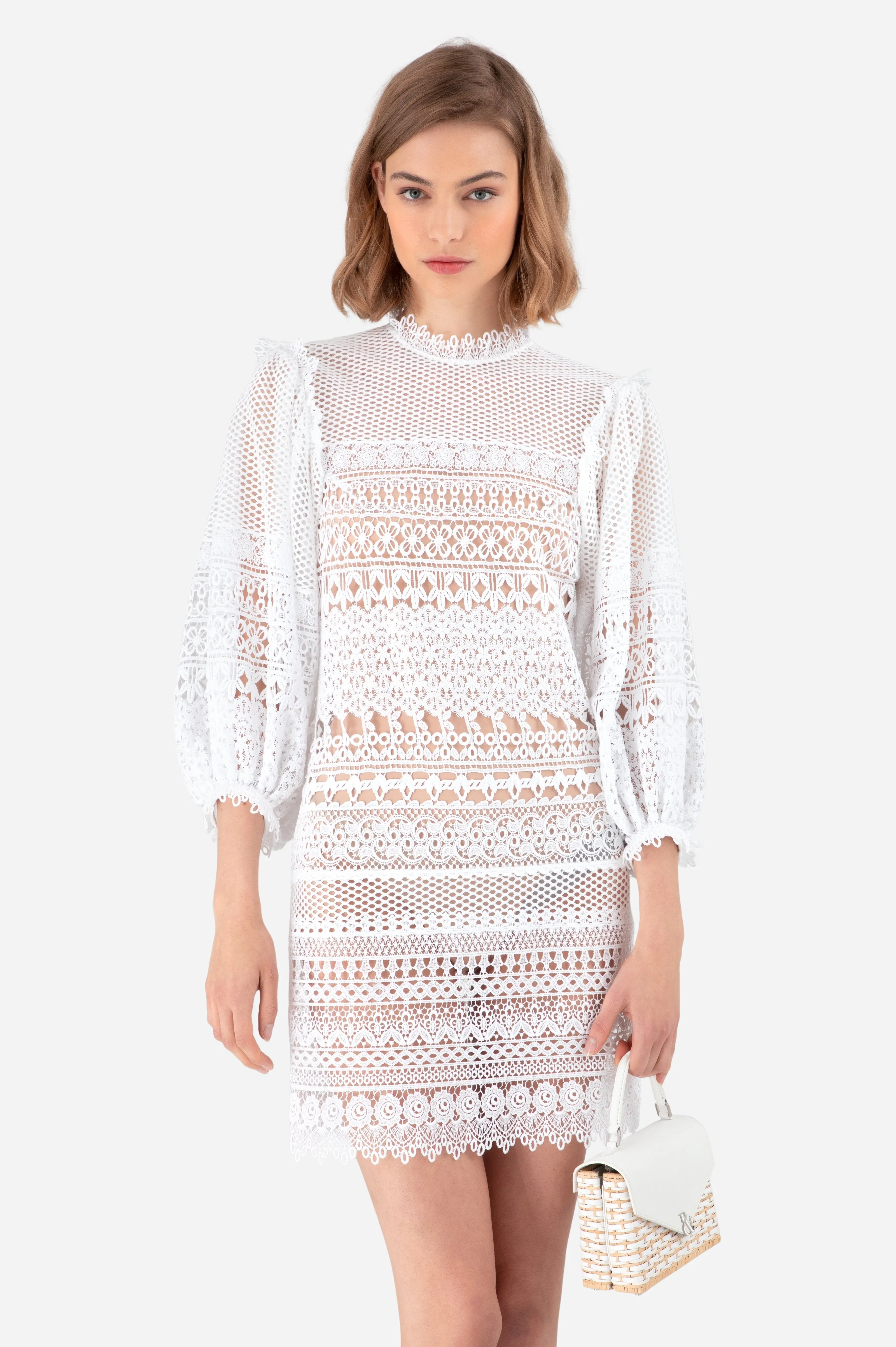 White Guipure Lace Mini Dress