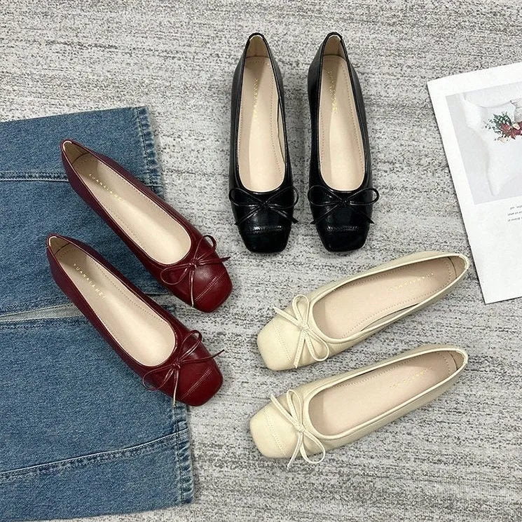 Women Cute Mary Jane Shoes, Vintage Heels Shoes, Ballerina Retro Square Toe Flats Heels, Ballet Slip Ons Red Apricot Black Shoes