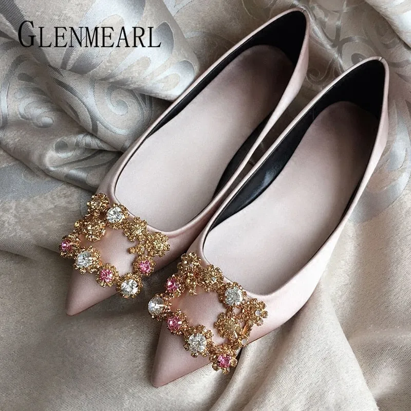 Women Flats Wedding Shoes Rhinestone Pointed Toes Cinderella Cryatal Shoes Flat Slip On Loafers Plus Party Shoes ballet luxury