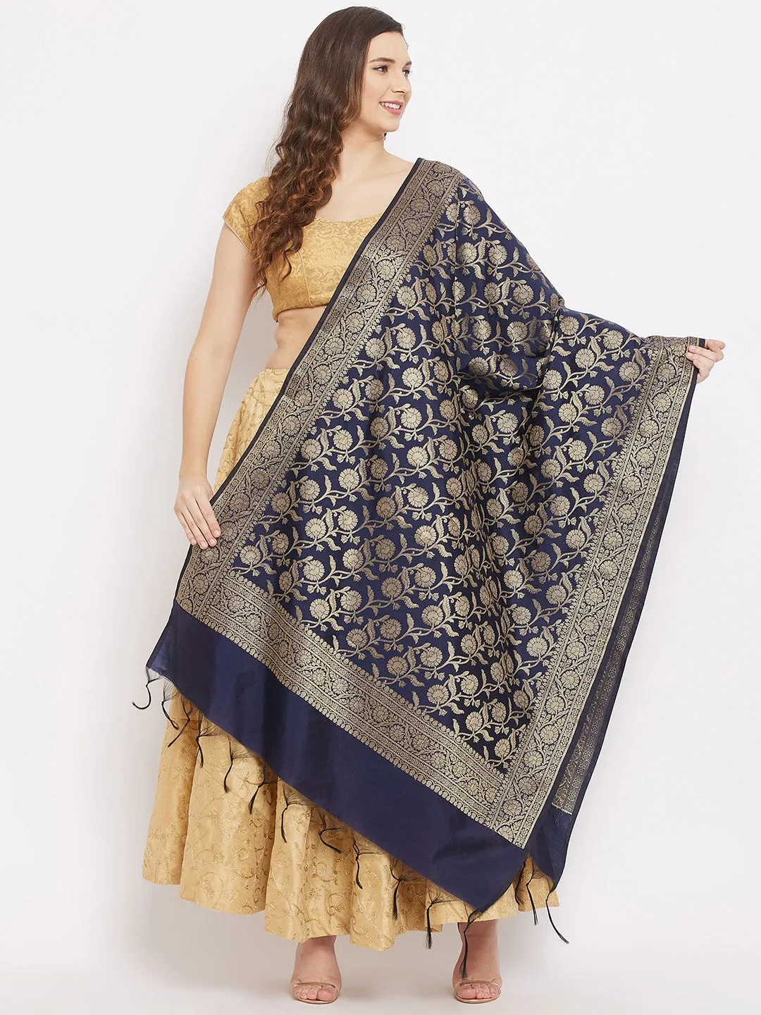 Women Navy Blue Banarsi Silk Dupatta