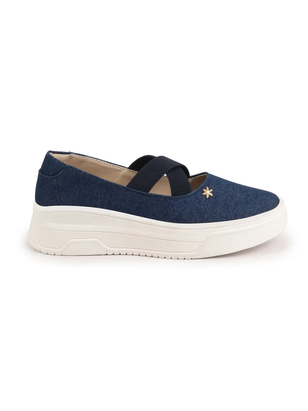 Women Navy Elastic Closure Cross Strap Denim Slip On Height Enhancer Ballet Styled Shoes