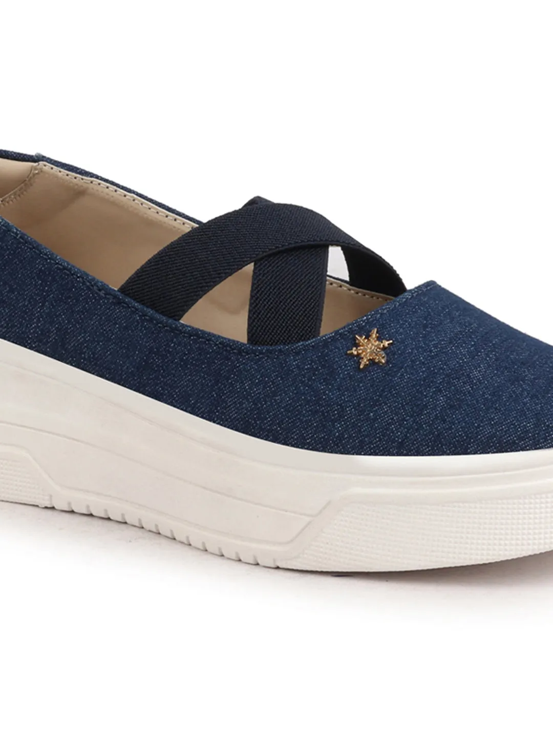 Women Navy Elastic Closure Cross Strap Denim Slip On Height Enhancer Ballet Styled Shoes