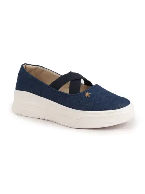 Women Navy Elastic Closure Cross Strap Denim Slip On Height Enhancer Ballet Styled Shoes