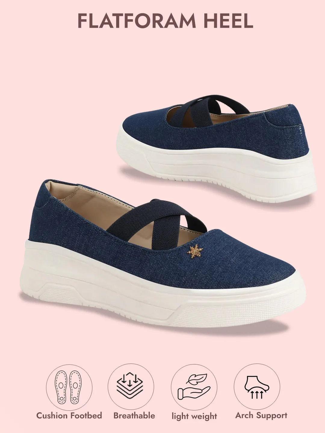 Women Navy Elastic Closure Cross Strap Denim Slip On Height Enhancer Ballet Styled Shoes