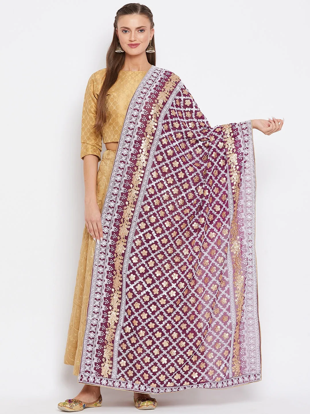 Women Wine Georgette Heavy Embroidered Dupatta