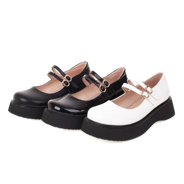 Women's Round Toe Mary Janes Buckle Straps Flat Platform Pumps