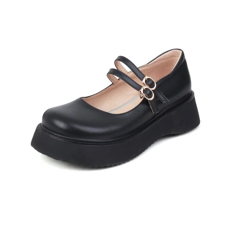 Women's Round Toe Mary Janes Buckle Straps Flat Platform Pumps