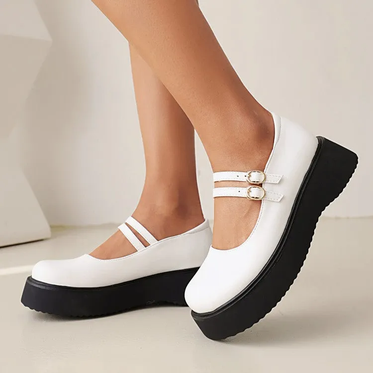 Women's Round Toe Mary Janes Buckle Straps Flat Platform Pumps