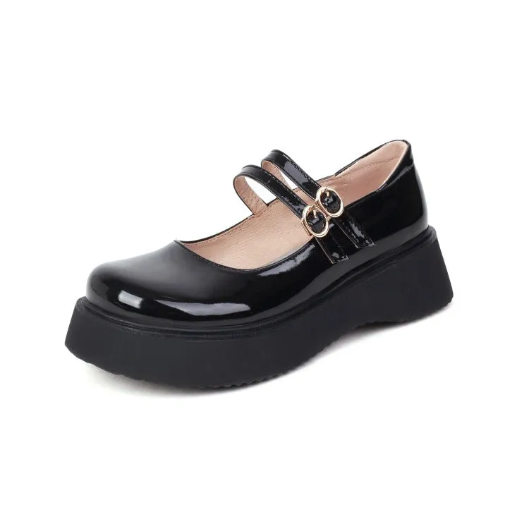 Women's Round Toe Mary Janes Buckle Straps Flat Platform Pumps